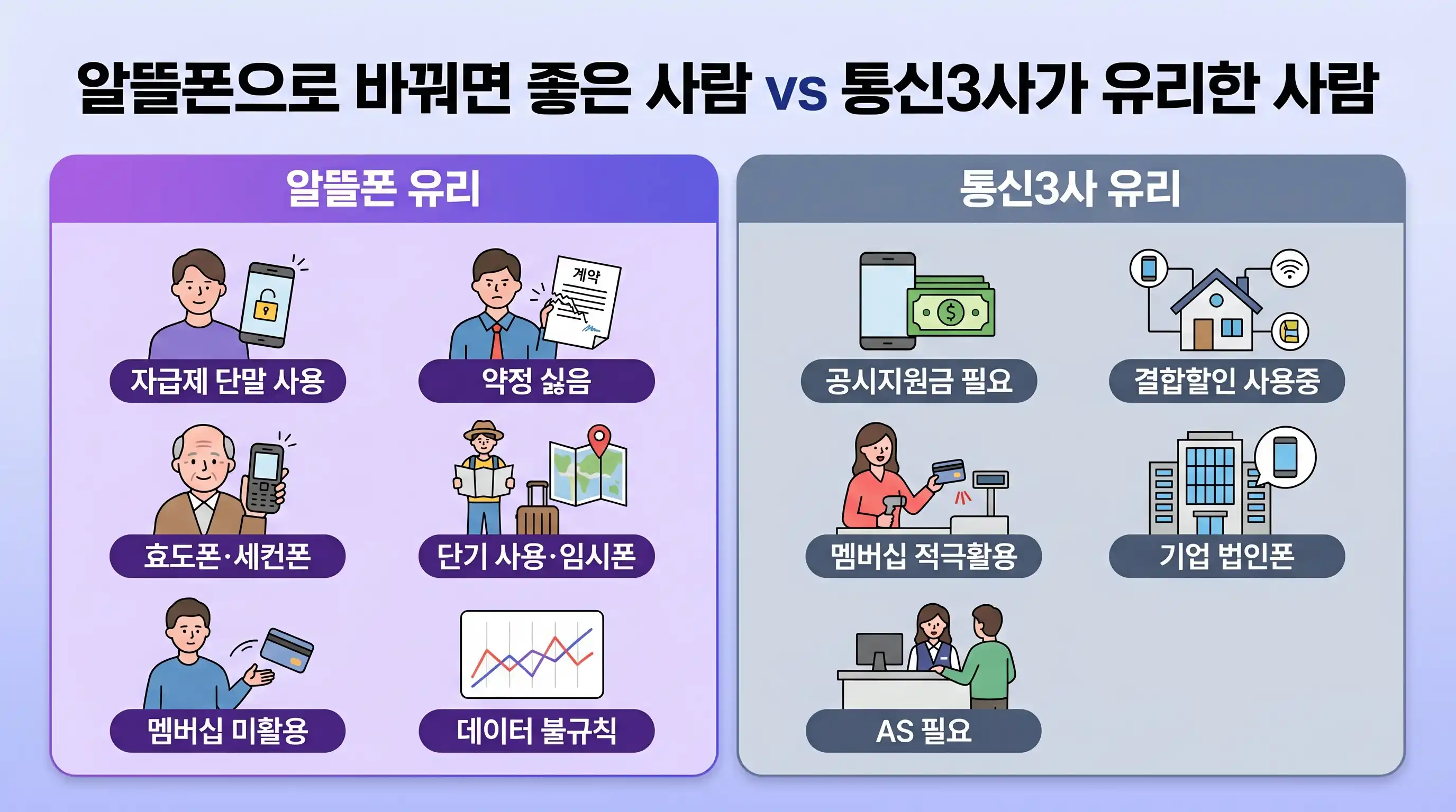 알뜰폰 추천 대상 vs 통신3사 추천 대상 분류 카드