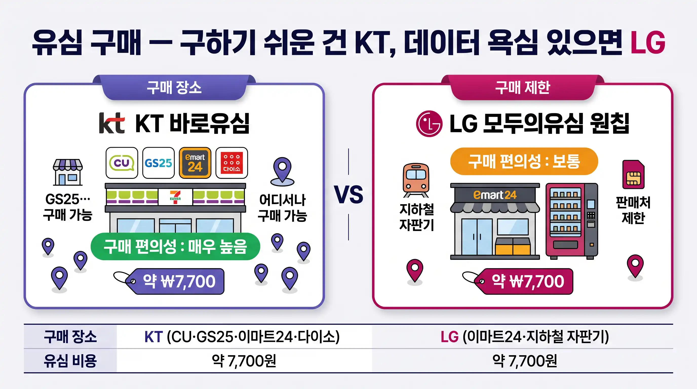 KT 바로유심 vs LG 모두의유심 원칩 구매 장소 편의성 비교표