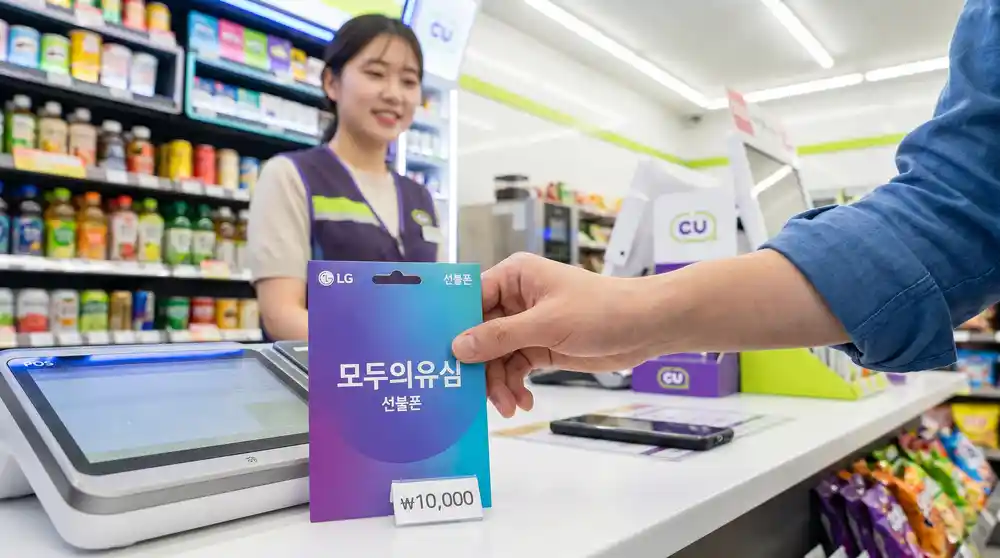 편의점에서 LG망 선불 유심칩 구매하는 모습