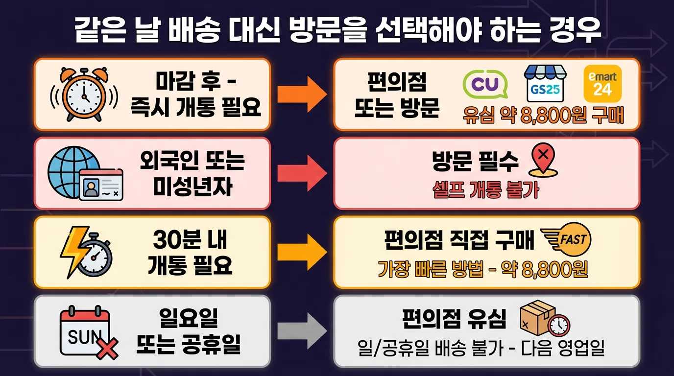 선불폰 유심 당일 배송 vs 편의점 구매 vs 방문 개통 — 상황별 선택 가이드