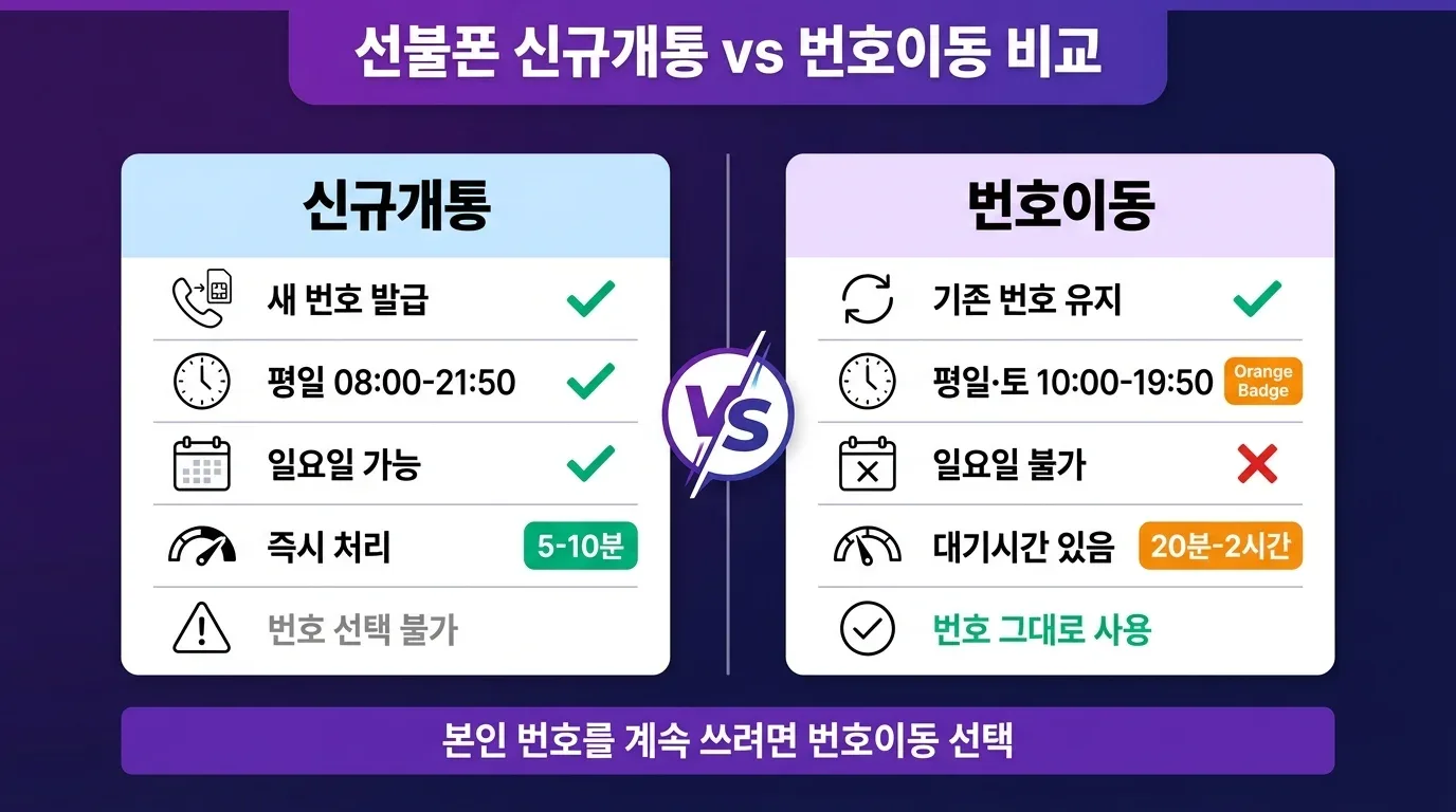 선불폰 번호이동 vs 신규개통 차이 비교 인포그래픽