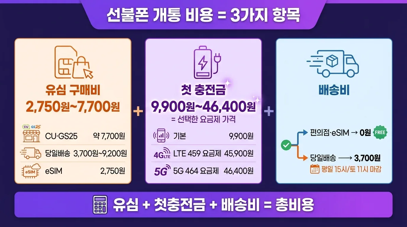 선불폰 개통 비용 3가지 항목 분해 — 유심 구매비·첫 충전금·배송비 각각 얼마인지 인포그래픽