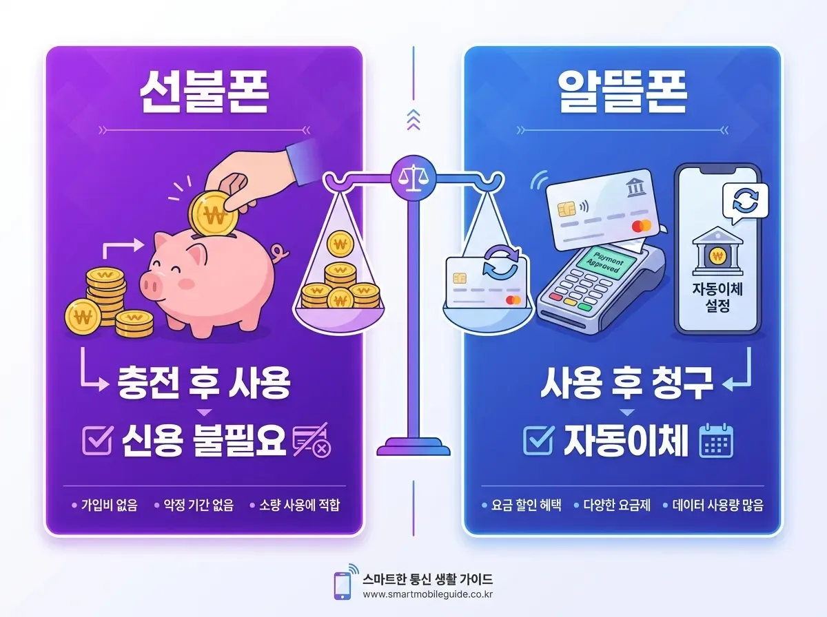 선불폰과 알뜰폰 차이 비교 인포그래픽 — 충전 방식 vs 자동이체 방식