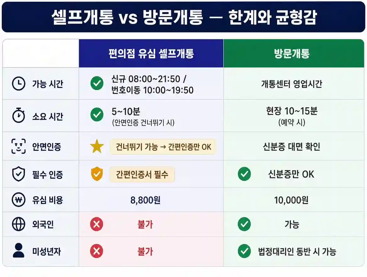 편의점 유심 셀프개통과 방문개통 비교 — 시간·비용·신분증